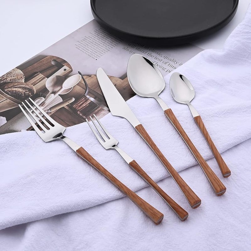 Brown Silver 20 Piece Stainless Steel Cutlery Set Wood Grain Handle For 4 - Image 2